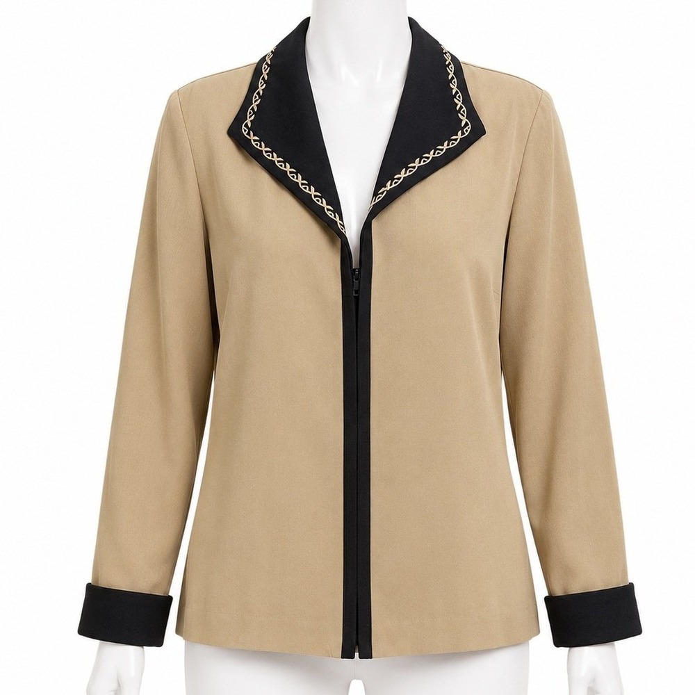 Drapers & Damons‎ Full Zip Jacket Beige Black Trim Embroidered Collar Womens M